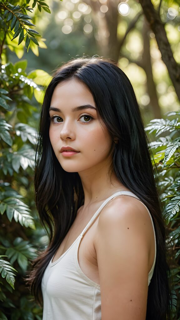 a (((detailed and realistic portrait))), capturing the essence of a (((beautiful young teen girl))) with long, flowing, (((straight black hair))), poised in a (side profile) gaze towards the viewer, framed by an ethereal backdrop of a verdant (cypress hedge), against a softly diffused (dim light), wearing a (tank top) in a (warm, inviting tone). Her facial features exude an otherworldly radiance, with (porcelain skin) and a (perfectly circular face) featuring (gently arched eyebrows) and a (dark, piercing point) above her (serene expression), all set against a (backdrop of a leafy, lush environment) that gives off a (magical, almost surreal vibe)