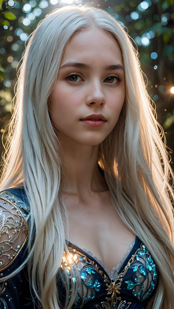 a (((detailed and realistic portrait))), featuring a (((beautiful teen girl with extremely long straight white hair))), emanating a (((glowing, ethereal light))), indicative of (magical abilities). Her features are (((sharp and clear))), with (realistic proportions) and (hyper-detailed, intricate patterns). The scene is (well lit) and (natural), with (bioluminescent details) that give off a sense of (otherworldly mystery) and fantasy that defies the ordinary