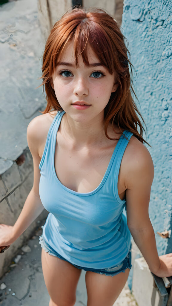 a (((detailed and perfect portrait))) of a (((beautiful young cute teenage girl, 14 years old, perfect curved fit body))), with ((long, straight, thick, soft red hair, bangs cut, wearing a ((light blue super short tank top, tattered short pants)), ((view from top above))