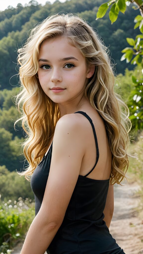 a (((detailed and realistic portrait))), featuring a gently drawn (((natural beautiful teen girl))) with long, (((semi-curly, soft blonde hair))), wearing a sleek, ((black tight tank top)), set against a backdrop of a serene, naturally occurring landscape with its perfect contours mirroring the girl's form