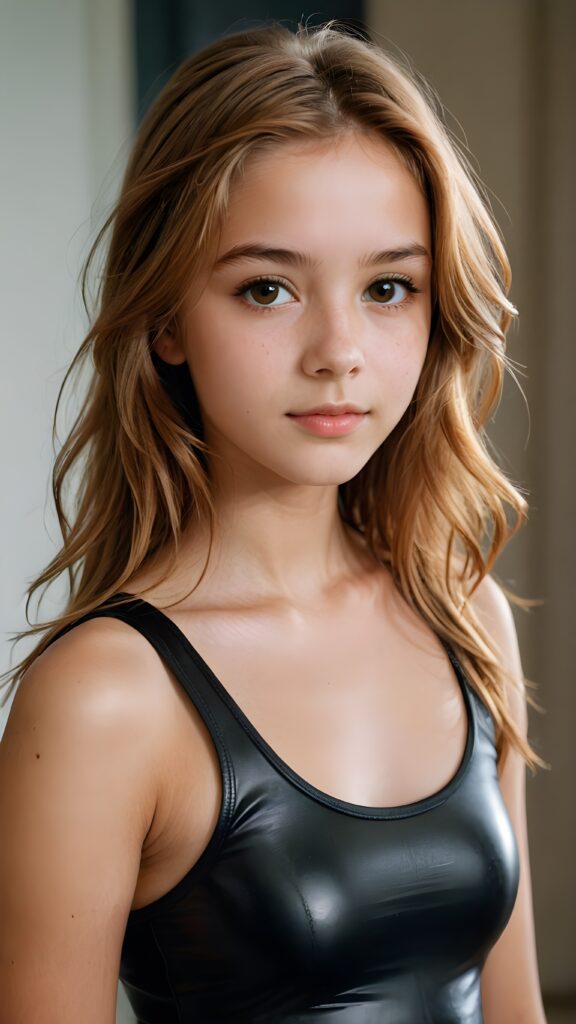 a (((detailed and realistic portrait))) featuring a (((beautifully teenage girl))) with long, flowing (caramel-toned) hair, an angelic face framed by (brown eyes), who looks directly into the viewer's camera, her form exquisitely proportioned and clad in a (super short, sleek black crop tank top)