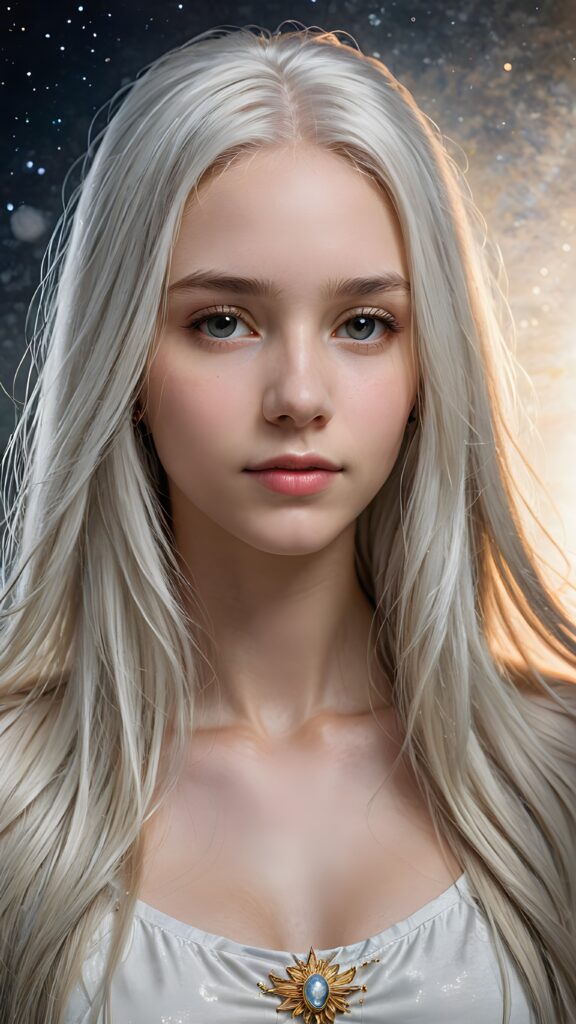 a (((detailed and realistic portrait))), featuring a (((beautiful teen girl with extremely long straight white hair))), with a gently diffused glow that casts, an ethereal halo around her form, illustrating a sense of (otherworldly mystery) and fantasy that defies the ordinary