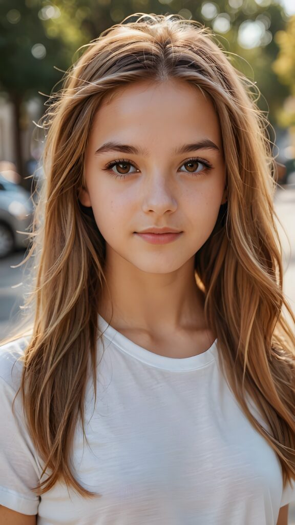 a (((detailed and realistic portrait))) featuring a (((beautifully teenage girl))) with long, flowing (caramel-toned) hair, an angelic face framed by (brown eyes), who looks directly into the viewer's camera, her form exquisitely proportioned and clad in a (white t-shirt)