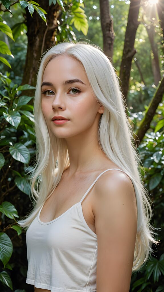 a (((detailed and realistic portrait))), capturing the essence of a (((beautiful young teen girl))) with long, flowing, (((straight soft white hair))), poised in a (side profile) gaze towards the viewer, framed by an ethereal backdrop of a verdant (cypress hedge), against a softly diffused (dim light), wearing a (short cropped tank top) in a (warm, inviting tone). Her facial features exude an otherworldly radiance, with (porcelain skin) and a (perfectly circular face) featuring (gently arched eyebrows) and a (dark, piercing point) above her (serene expression), all set against a (backdrop of a leafy, lush environment) that gives off a (magical, almost surreal vibe)