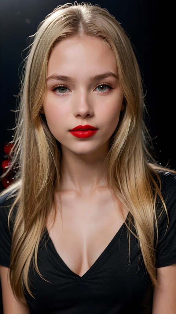 a (((detailed and realistic portrait))), featuring a (((beautiful innocent teen girl with extremely long straight blond hair)), shiny eyes, very lucky, ((full red lips)), ((wears a dark deep v-neck t-shirt)), with a gently diffused glow that casts, an ethereal halo around her form, illustrating a sense of (otherworldly mystery) and fantasy that defies the ordinary, ((dark background))