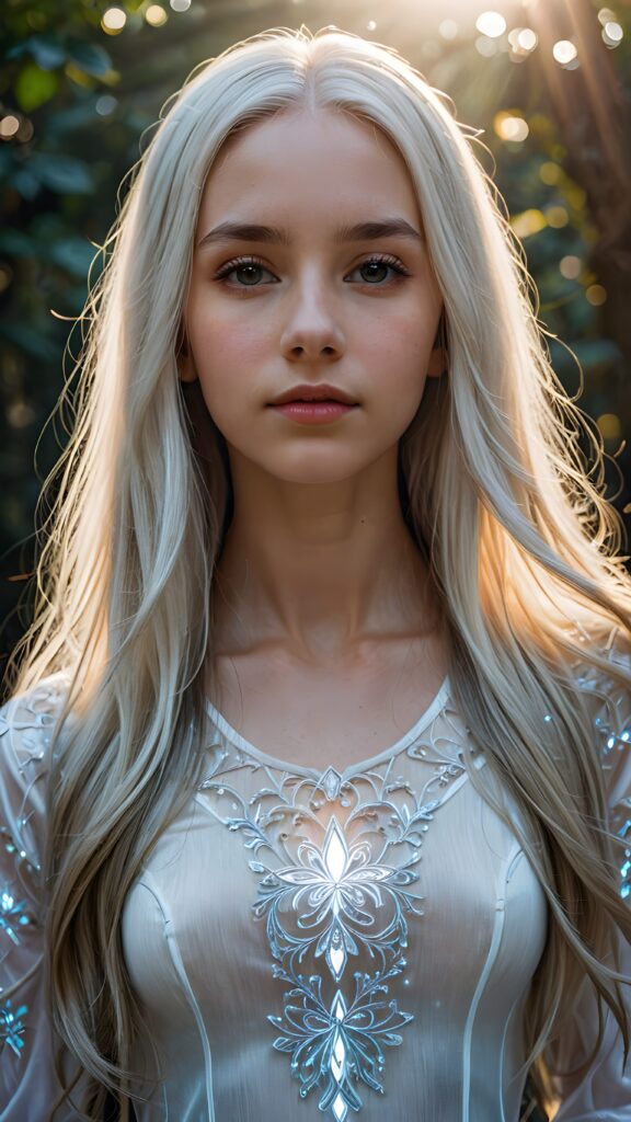 a (((detailed and realistic portrait))), featuring a (((beautiful teen girl with extremely long straight white hair))), emanating a (((glowing, ethereal light))), indicative of (magical abilities). Her features are (((sharp and clear))), with (realistic proportions) and (hyper-detailed, intricate patterns). The scene is (well lit) and (natural), with (bioluminescent details) that give off a sense of (otherworldly mystery) and fantasy that defies the ordinary