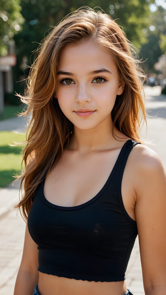 a (((detailed and realistic portrait))) featuring a (((beautifully teenage girl))) with long, flowing (caramel-toned) hair, an angelic face framed by (brown eyes), who looks directly into the viewer's camera, her form exquisitely proportioned and clad in a (super short, sleek black crop tank top)