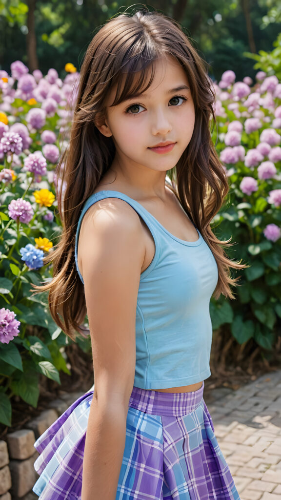 a (((detailed and perfect portrait))) of a (((beautiful young cute girl, perfect curved fit body))), 13 years old, with long, straight, thick, untucked, snowy natural brown hair, bangs cut, wearing a ((cheeckered pastel blue and purple super short tank top)), ((blue and purple checked short skirt)), looking at the viewer ((and lots of beautiful flowers))