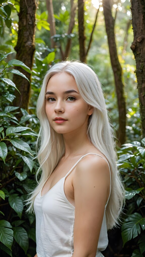 a (((detailed and realistic portrait))), capturing the essence of a (((beautiful young teen girl))) with long, flowing, (((straight soft white hair))), poised in a (side profile) gaze towards the viewer, framed by an ethereal backdrop of a verdant (cypress hedge), against a softly diffused (dim light), wearing a (short cropped tank top) in a (warm, inviting tone). Her facial features exude an otherworldly radiance, with (porcelain skin) and a (perfectly circular face) featuring (gently arched eyebrows) and a (dark, piercing point) above her (serene expression), all set against a (backdrop of a leafy, lush environment) that gives off a (magical, almost surreal vibe)