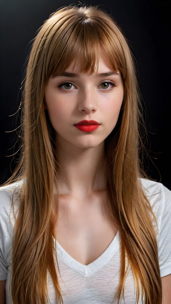 a (((detailed and realistic portrait))), featuring a (((beautiful innocent teen girl with extremely long straight amber hair, bangs frame her face))), shiny eyes, ((full red lips)), ((wears a deep v-neck t-shirt)), with a gently diffused glow that casts, an ethereal halo around her form, illustrating a sense of (otherworldly mystery) and fantasy that defies the ordinary, ((dark background))