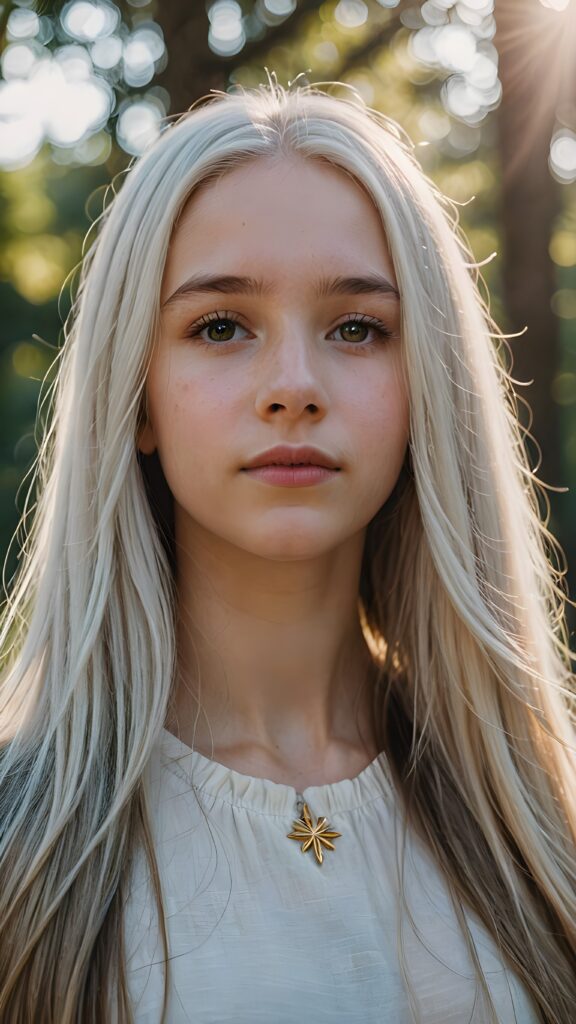 a (((detailed and realistic portrait))), featuring a (((beautiful teen girl with extremely long straight white hair))), with a gently diffused glow that casts, an ethereal halo around her form, illustrating a sense of (otherworldly mystery) and fantasy that defies the ordinary