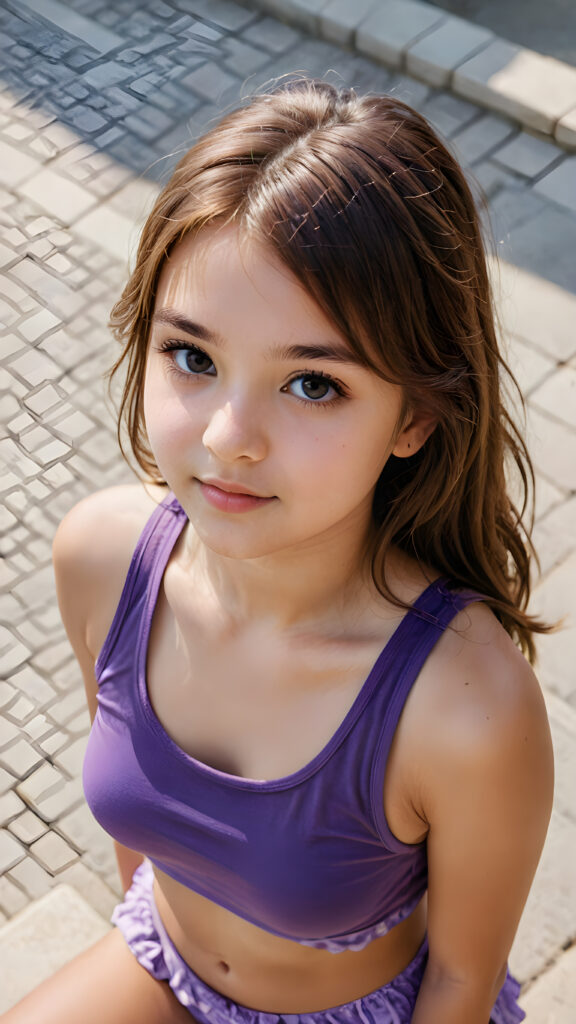 a (((detailed and perfect portrait))) of a (((beautiful young cute girl, perfect curved fit body))), 13 years old, with long, straight, thick, untucked, natural light brown hair, bangs cut, wearing a ((purple super short tank top)), ((view from above))