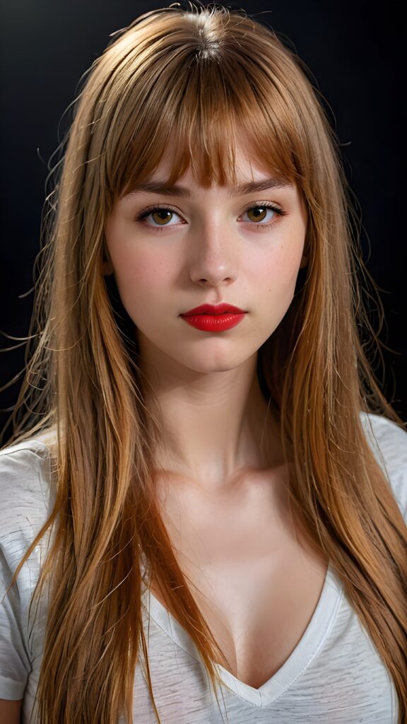 a (((detailed and realistic portrait))), featuring a (((beautiful innocent teen girl with extremely long straight amber hair, bangs frame her face))), shiny eyes, ((full red lips)), ((wears a deep v-neck t-shirt)), with a gently diffused glow that casts, an ethereal halo around her form, illustrating a sense of (otherworldly mystery) and fantasy that defies the ordinary, ((dark background))