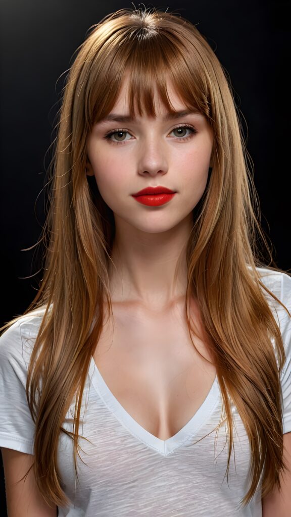 a (((detailed and realistic portrait))), featuring a (((beautiful innocent teen girl with extremely long straight amber hair, bangs frame her face))), shiny eyes, ((full red lips)), ((wears a deep v-neck t-shirt)), with a gently diffused glow that casts, an ethereal halo around her form, illustrating a sense of (otherworldly mystery) and fantasy that defies the ordinary, ((dark background))