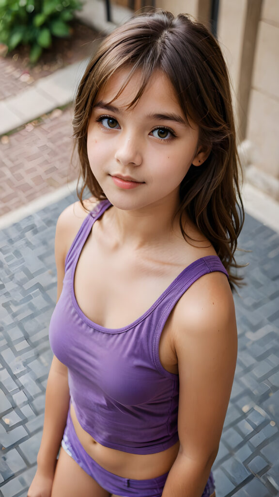 a (((detailed and perfect portrait))) of a (((beautiful young cute girl, perfect curved fit body))), 13 years old, with long, straight, thick, untucked, natural light brown hair, bangs cut, wearing a ((purple super short tank top)), ((view from above))