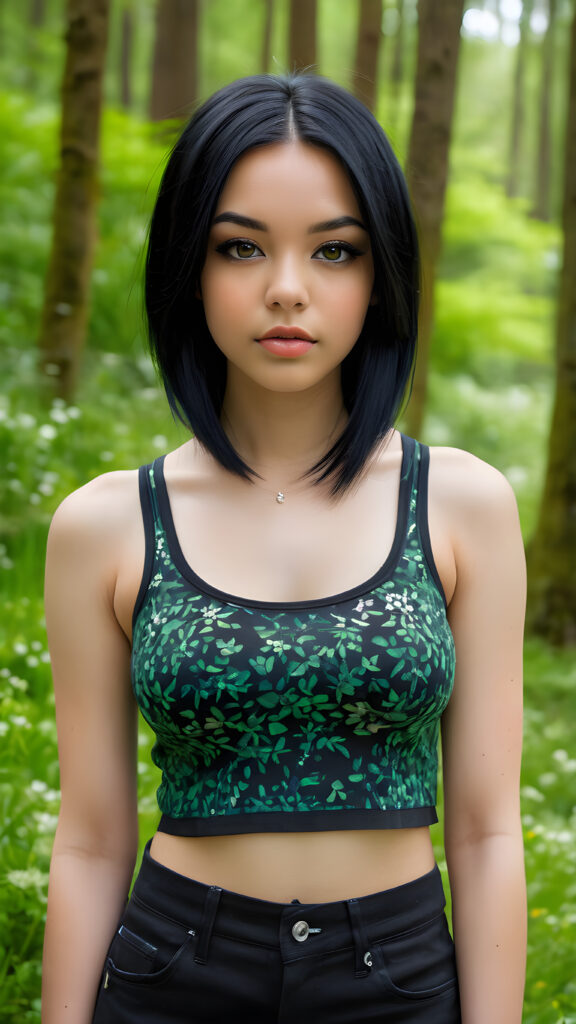 a (((detailed and realistic photograph))), featuring a teenage emo girl with long, sleek straight obsidian very soft black hair and a perfectly toned body, full lips, wearing a thin short ((crop tank top)), captured in a (((stunningly gorgeous))) expression against a backdrop of natural (((green spring in forest)))