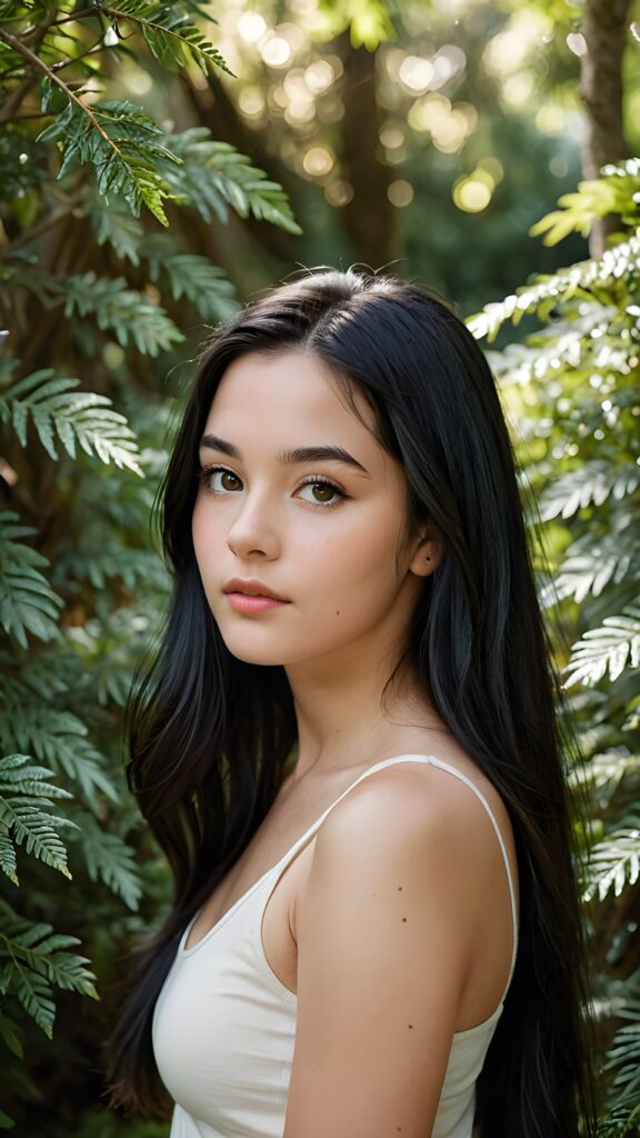 a (((detailed and realistic portrait))), capturing the essence of a (((beautiful young teen girl))) with long, flowing, (((straight black hair))), poised in a (side profile) gaze towards the viewer, framed by an ethereal backdrop of a verdant (cypress hedge), against a softly diffused (dim light), wearing a (tank top) in a (warm, inviting tone). Her facial features exude an otherworldly radiance, with (porcelain skin) and a (perfectly circular face) featuring (gently arched eyebrows) and a (dark, piercing point) above her (serene expression), all set against a (backdrop of a leafy, lush environment) that gives off a (magical, almost surreal vibe)