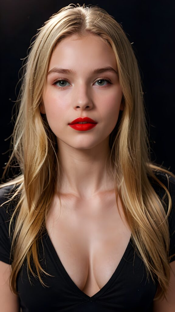 a (((detailed and realistic portrait))), featuring a (((beautiful innocent teen girl with extremely long straight blond hair)), shiny eyes, very lucky, ((full red lips)), ((wears a dark deep v-neck t-shirt)), with a gently diffused glow that casts, an ethereal halo around her form, illustrating a sense of (otherworldly mystery) and fantasy that defies the ordinary, ((dark background))