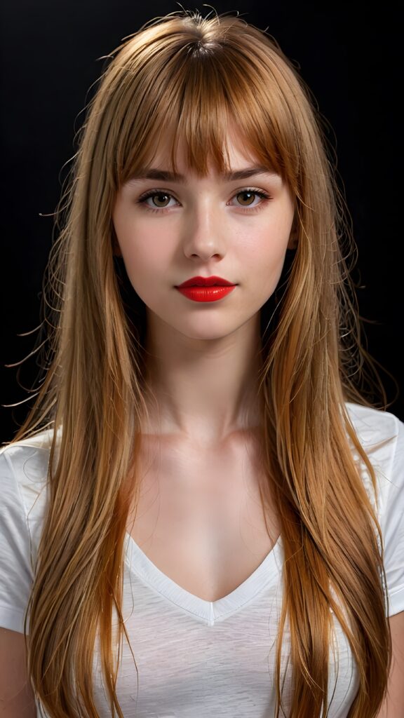 a (((detailed and realistic portrait))), featuring a (((beautiful innocent teen girl with extremely long straight amber hair, bangs frame her face))), shiny eyes, ((full red lips)), ((wears a deep v-neck t-shirt)), with a gently diffused glow that casts, an ethereal halo around her form, illustrating a sense of (otherworldly mystery) and fantasy that defies the ordinary, ((dark background))