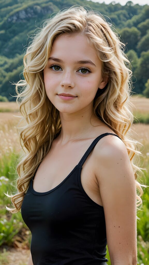 a (((detailed and realistic portrait))), featuring a gently drawn (((natural beautiful teen girl))) with long, (((semi-curly, soft blonde hair))), wearing a sleek, ((black tight tank top)), set against a backdrop of a serene, naturally occurring landscape with its perfect contours mirroring the girl's form