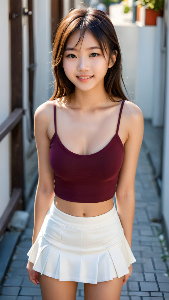 a (((detailed and perfect portrait))) of a (((beautiful young cute Japanese teenage model girl, 16 years old, warm smile, perfect curved fit body))), round head, with ((very long, straight soft jet hair, wearing a ((deep neckline super short cropped spaghetti tank top and tattered short mini skirt)), ((view from above))