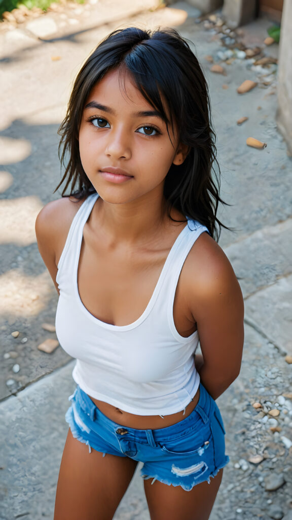 a (((detailed and perfect portrait))) of a (((beautiful young cute tanned Exotic teenage girl, 14 years old, perfect curved fit body))), with ((long, straight, thick, soft black hair, bangs cut, wearing a ((white blue super short tank top and tattered short pants)), ((view from top above))