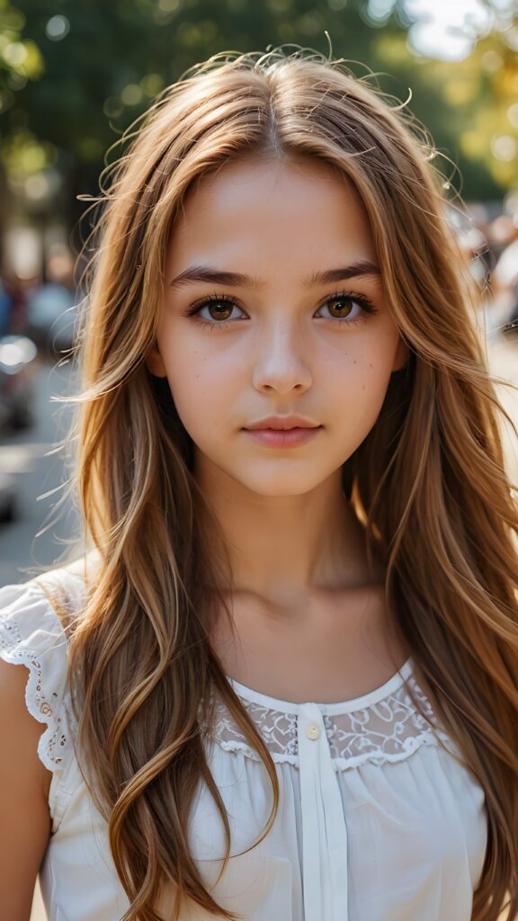 a (((detailed and realistic portrait))) featuring a (((beautifully teenage girl))) with long, flowing (caramel-toned) hair, an angelic face framed by (brown eyes), who looks directly into the viewer's camera