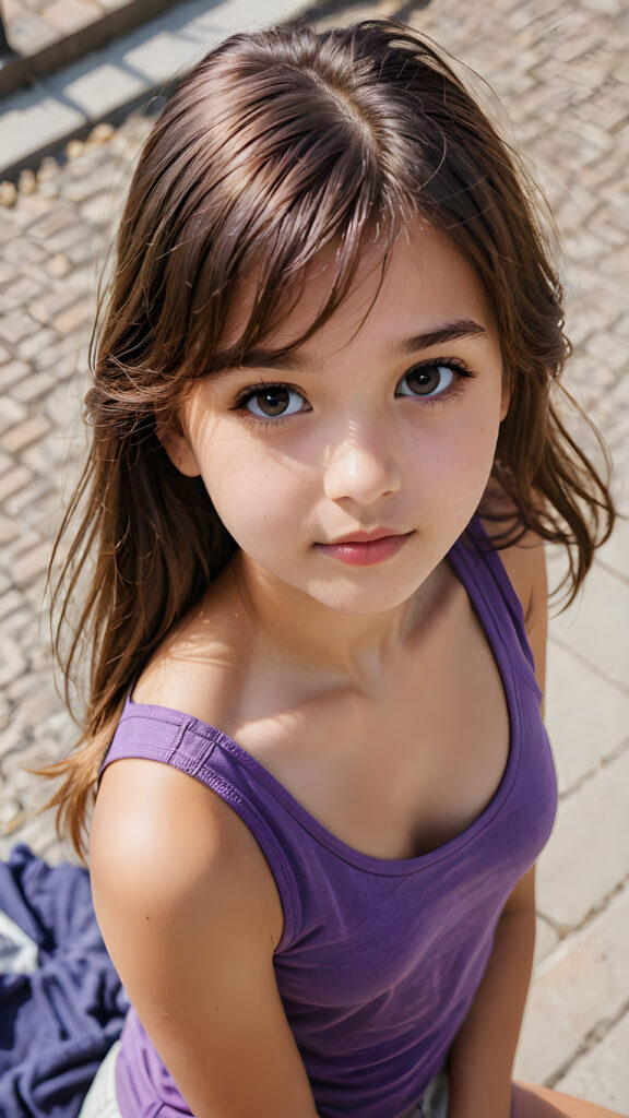 a (((detailed and perfect portrait))) of a (((beautiful young cute girl, perfect curved fit body))), 13 years old, with long, straight, thick, untucked, natural light brown hair, bangs cut, wearing a ((purple super short tank top)), ((view from above))