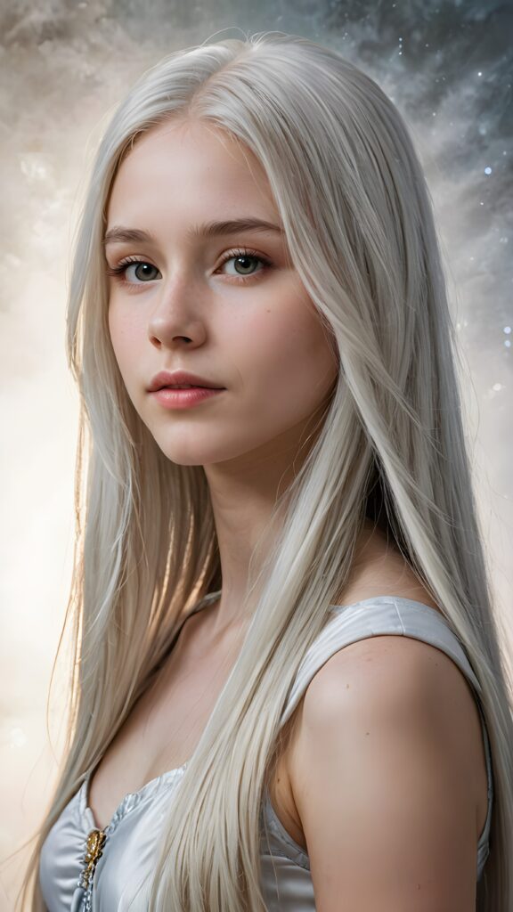 a (((detailed and realistic portrait))), featuring a (((beautiful teen girl with extremely long straight white hair))), with a gently diffused glow that casts, an ethereal halo around her form, illustrating a sense of (otherworldly mystery) and fantasy that defies the ordinary