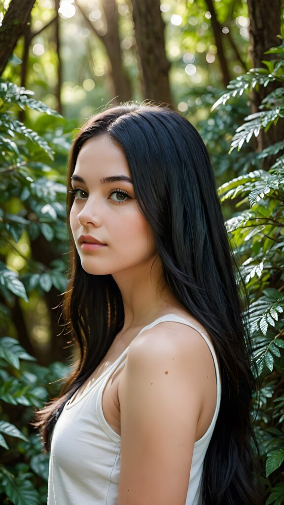 a (((detailed and realistic portrait))), capturing the essence of a (((beautiful young teen girl))) with long, flowing, (((straight black hair))), poised in a (side profile) gaze towards the viewer, framed by an ethereal backdrop of a verdant (cypress hedge), against a softly diffused (dim light), wearing a (tank top) in a (warm, inviting tone). Her facial features exude an otherworldly radiance, with (porcelain skin) and a (perfectly circular face) featuring (gently arched eyebrows) and a (dark, piercing point) above her (serene expression), all set against a (backdrop of a leafy, lush environment) that gives off a (magical, almost surreal vibe)