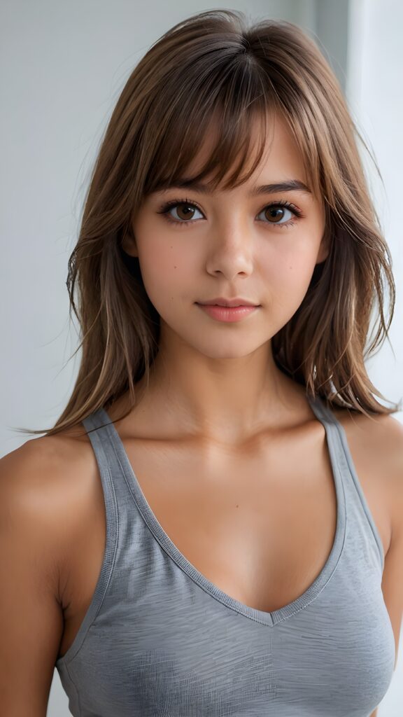 a ((detailed and realistic portrait)) of (((cute and gorgeous))) ((long, straight light brown jet hair)) ((stunning)) a beautifully ((tanned teen girl)), bangs cut frame her face, angelic round face, full kissable lips, ((brown eye)) looks at the camera, perfect curved body, (wears a super short tight (grey tank top, deep v-neck, open front) made of plain latex), white background, side view, ((no background)), cinematic dimmed light