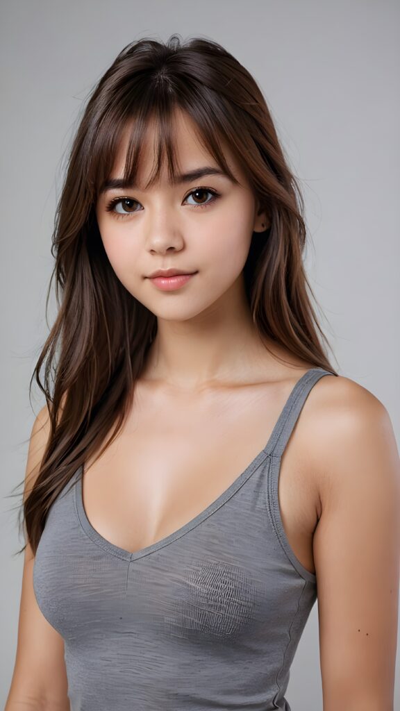 a ((detailed and realistic portrait)) of (((cute and gorgeous))) ((long, straight brown jet hair)) ((stunning)) a beautifully ((teen girl)), bangs cut frame her face, angelic round face, full kissable lips, ((brown eye)) looks at the camera, perfect curved body, (wears a super short tight (grey tank top, deep v-neck, open front) made of plain latex), white background, side view, ((no background)), cinematic dimmed light