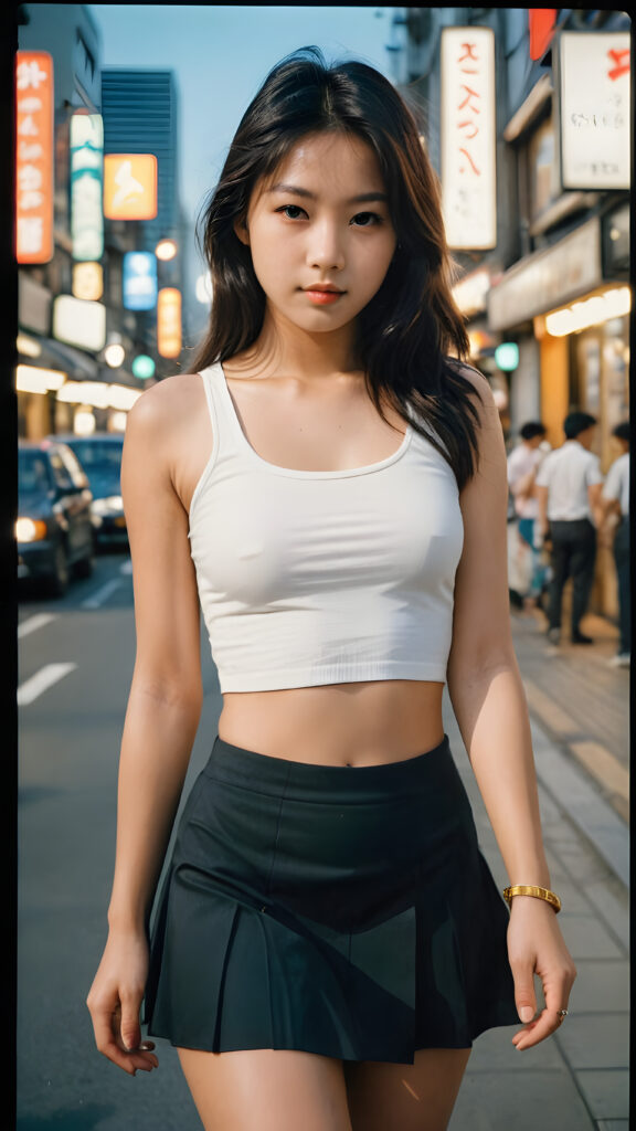 ((a detailed and realistic polaroid photo from the 1980s)), a trendy young Japanese teen girl in Tokyo, perfect hands, with soft long straight black hair, wears a white super fine cropped tank top and a ((round short black mini skirt)), (accentuating her (((navel)))), she has a perfect curved body, immersed in the warm ambiance sharp details bring her stylish features to life, perfectly embodying the essence of urban sophistication, the composition contemplates the interplay of modern culture and personal expression, inviting viewers to revel in the captivating atmosphere of contemporary city, she stand in front of the viewer