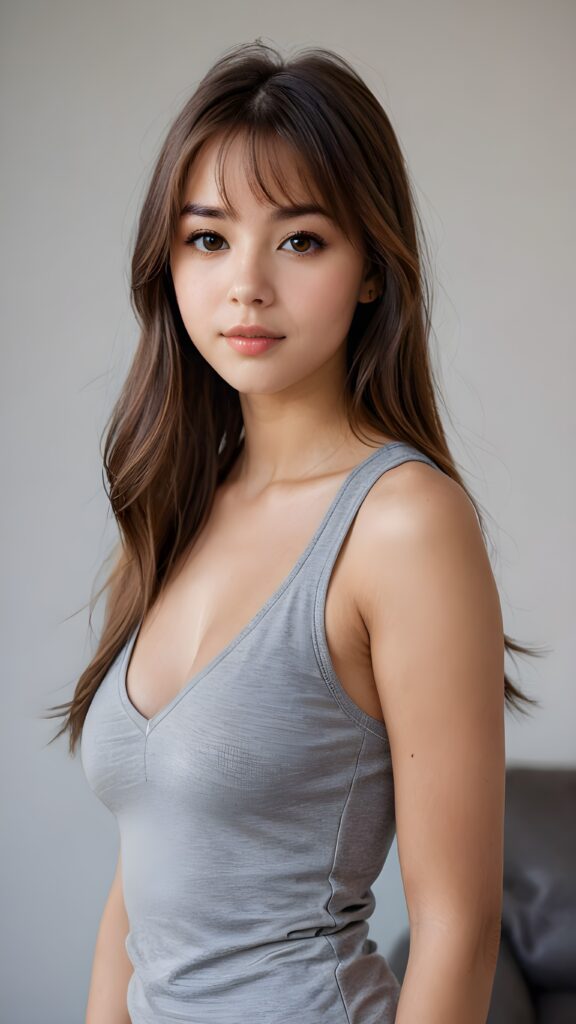 a ((detailed and realistic portrait)) of (((cute and gorgeous))) ((long, straight brown jet hair)) ((stunning)) a beautifully ((teen girl)), bangs cut frame her face, angelic round face, full kissable lips, ((brown eye)) looks at the camera, perfect curved body, (wears a super short tight (grey tank top, deep v-neck, open front) made of plain latex), white background, side view, ((no background)), cinematic dimmed light