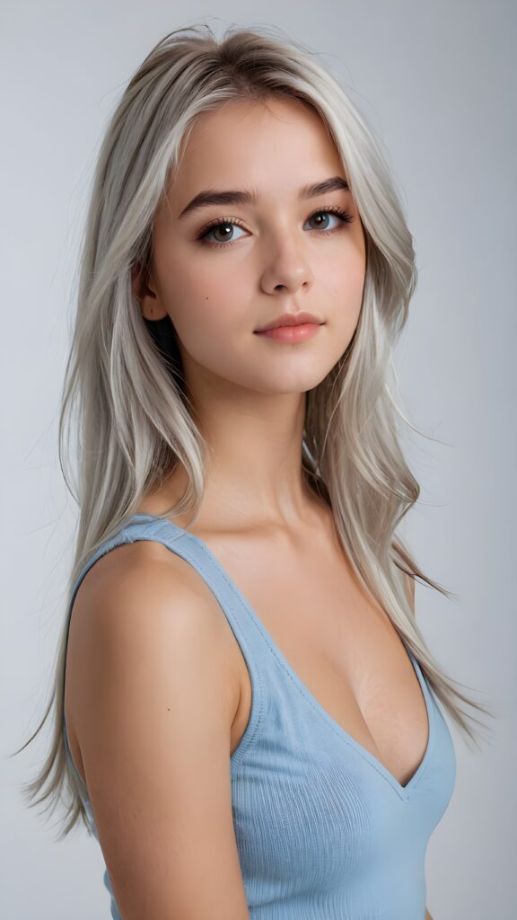 a ((detailed and realistic portrait)) of (((cute and gorgeous))) ((long, straight platinum white jet hair)) ((stunning)) a beautifully ((teen girl)), bangs cut frame her face, angelic round face, ((brown eye)) looks at the camera, perfect curved body, (wears a super short tight (light blue tank top, deep v-neck, open front made of super fine wool), white background, side view, ((no background)), cinematic dimmed light