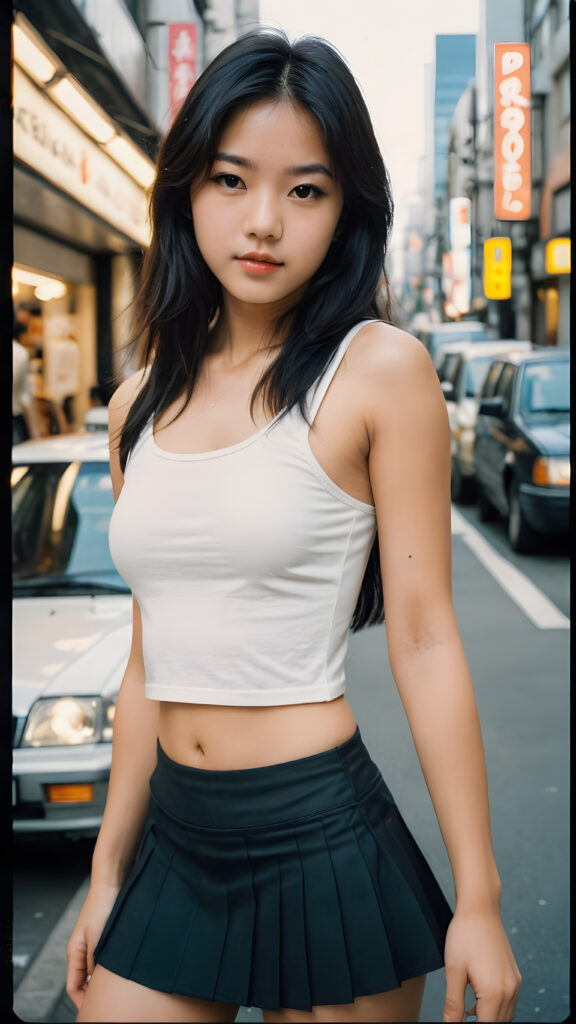 ((a detailed and realistic polaroid photo from the 1980s)), a trendy young Japanese teen girl in Tokyo, perfect hands, with soft long straight black hair, wears a white super fine cropped tank top and a ((round short black mini skirt)), (accentuating her (((navel)))), she has a perfect curved body, immersed in the warm ambiance sharp details bring her stylish features to life, perfectly embodying the essence of urban sophistication, the composition contemplates the interplay of modern culture and personal expression, inviting viewers to revel in the captivating atmosphere of contemporary city, she stand in front of the viewer