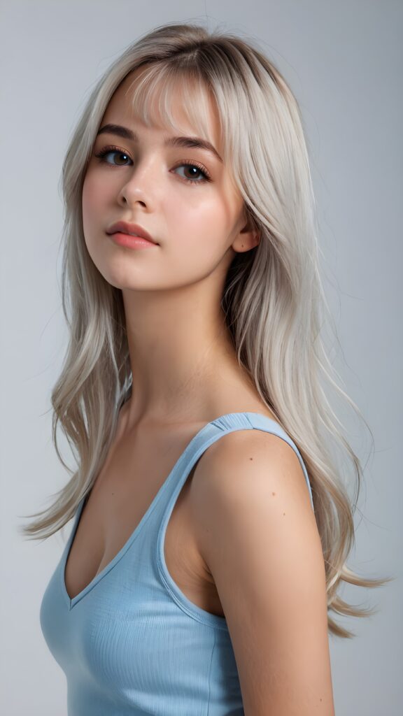 a ((detailed and realistic portrait)) of (((cute and gorgeous))) ((long, straight platinum white jet hair)) ((stunning)) a beautifully ((teen girl)), bangs cut frame her face, angelic round face, ((brown eye)) looks at the camera, perfect curved body, (wears a super short tight (light blue tank top, deep v-neck, open front made of super fine wool), white background, side view, ((no background)), cinematic dimmed light