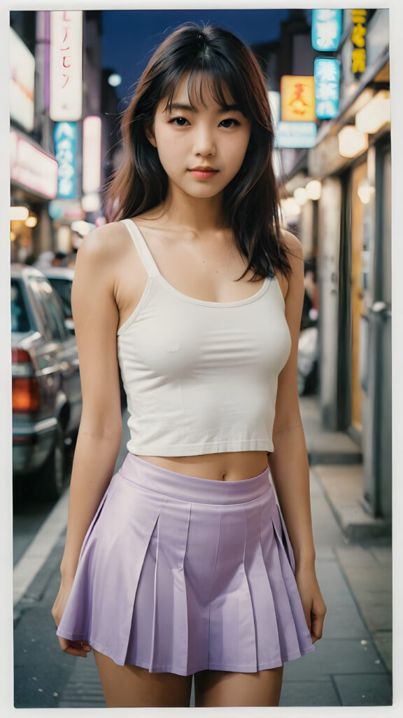 ((a detailed and realistic polaroid photo from the 1980s)), a trendy young Japanese teen girl in Tokyo, perfect hands, with soft long straight black hair, wears a white super fine cropped tank top and a ((round short violet mini skirt)), ((she shows her belly button)), she has a perfect curved body, immersed in the warm ambiance sharp details bring her stylish features to life, perfectly embodying the essence of urban sophistication, the composition contemplates the interplay of modern culture and personal expression, inviting viewers to revel in the captivating atmosphere of contemporary city, she stand in front of the viewer