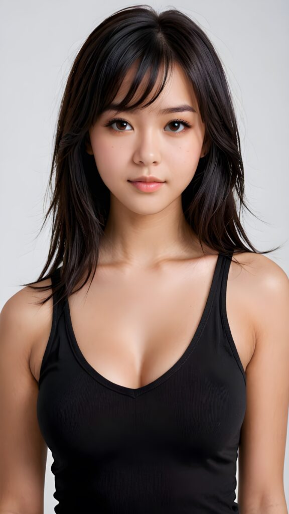 a ((detailed and realistic portrait)) of (((cute and gorgeous))) ((long, straight black jet hair)) ((stunning)) a beautifully ((busty teen girl)), 15 years old, bangs cut, angelic round face, ((brown eye)) looks at the camera, perfect curved body, (wears a super short tight (black tank top, deep v-neck) made of plain latex), white background, side view, ((no background)), cinematic dimmed light, Asian