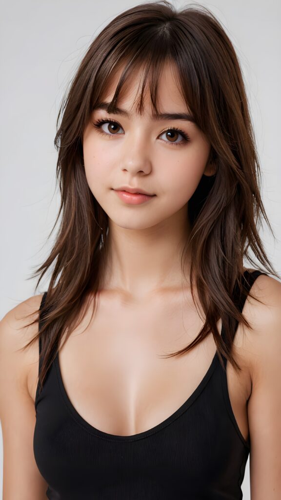 a ((detailed and realistic portrait)) of (((cute and gorgeous))) ((long, straight brown jet hair)) ((stunning)) a beautifully ((teen girl)), 15 years old, bangs cut, angelic round face, ((brown eye)) looks at the camera, perfect curved body, (wears a super short tight (black tank top, deep v-neck) made of plain latex), white background, side view, ((no background)), cinematic dimmed light, ((view from above))