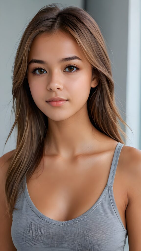 a ((detailed and realistic portrait)) of (((cute and gorgeous))) ((long, straight light brown jet hair)) ((stunning)) a beautifully ((tanned teen girl)), bangs cut frame her face, angelic round face, full kissable lips, ((brown eye)) looks at the camera, perfect curved body, (wears a super short tight (grey tank top, deep v-neck, open front) made of plain latex), white background, side view, ((no background)), cinematic dimmed light