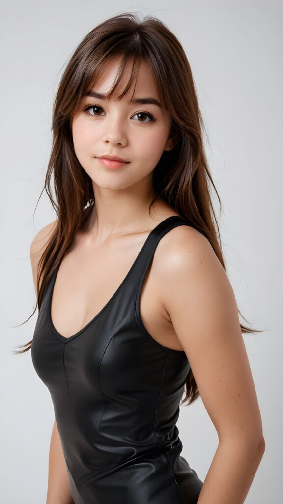 a ((detailed and realistic portrait)) of (((cute and gorgeous))) ((long, straight brown jet hair)) ((stunning)) a beautifully ((teen girl)), 15 years old, bangs cut, angelic round face, ((brown eye)) looks at the camera, perfect curved body, (wears a super short tight (black tank top, deep v-neck) made of plain latex), white background, side view, ((no background)), cinematic dimmed light, ((view from above))