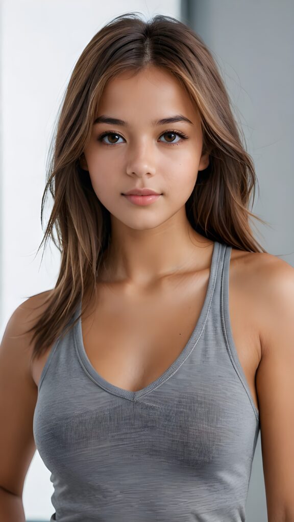 a ((detailed and realistic portrait)) of (((cute and gorgeous))) ((long, straight light brown jet hair)) ((stunning)) a beautifully ((tanned teen girl)), bangs cut frame her face, angelic round face, full kissable lips, ((brown eye)) looks at the camera, perfect curved body, (wears a super short tight (grey tank top, deep v-neck, open front) made of plain latex), white background, side view, ((no background)), cinematic dimmed light