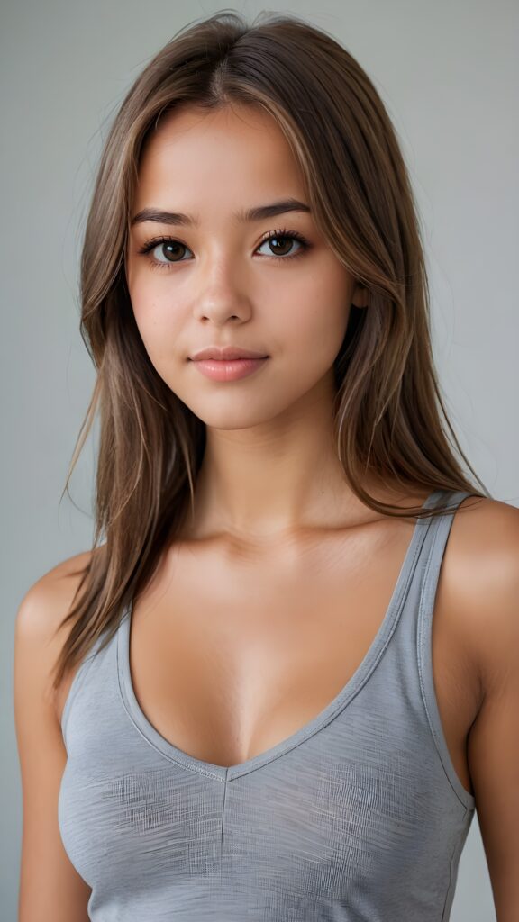 a ((detailed and realistic portrait)) of (((cute and gorgeous))) ((long, straight light brown jet hair)) ((stunning)) a beautifully ((tanned teen girl)), bangs cut frame her face, angelic round face, full kissable lips, ((brown eye)) looks at the camera, perfect curved body, (wears a super short tight (grey tank top, deep v-neck, open front) made of plain latex), white background, side view, ((no background)), cinematic dimmed light