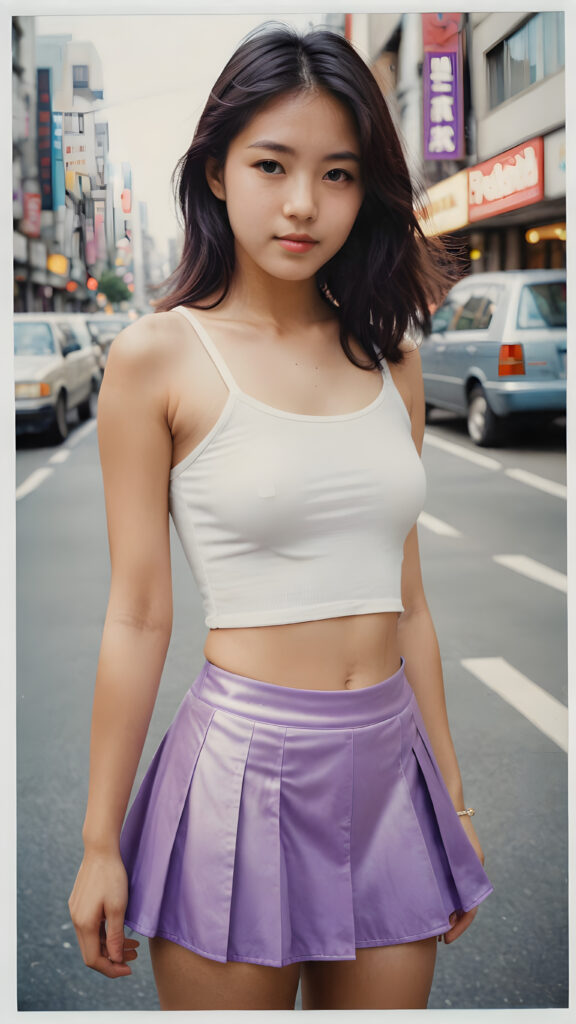 ((a detailed and realistic polaroid photo from the 1980s)), a trendy young Japanese teen girl in Tokyo, perfect hands, with soft long straight black hair, wears a white super fine cropped tank top and a ((round short violet mini skirt)), ((she shows her belly button)), she has a perfect curved body, immersed in the warm ambiance sharp details bring her stylish features to life, perfectly embodying the essence of urban sophistication, the composition contemplates the interplay of modern culture and personal expression, inviting viewers to revel in the captivating atmosphere of contemporary city, she stand in front of the viewer