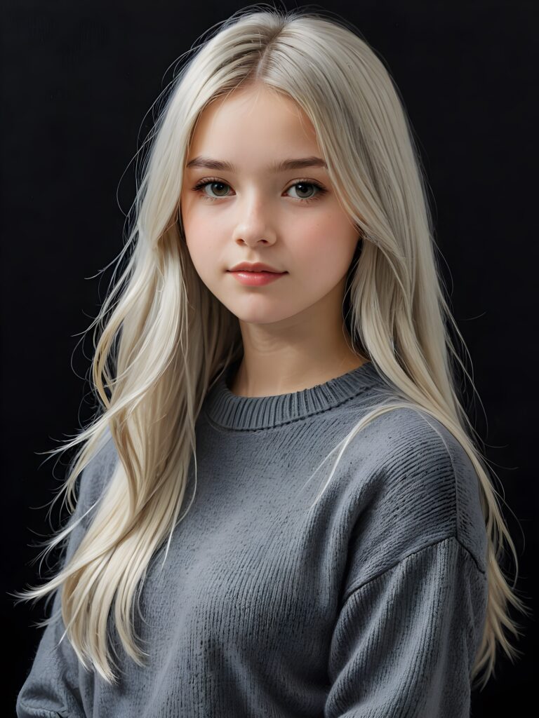 a detailed an realistic photo from a young teen girl, 13 years old, (((jet platinum-white thick straight long hair)) and bangs), ((wears a fine grey wool sweater)), ((stunning)), ((gorgeous)), ((black background)) ((side view))