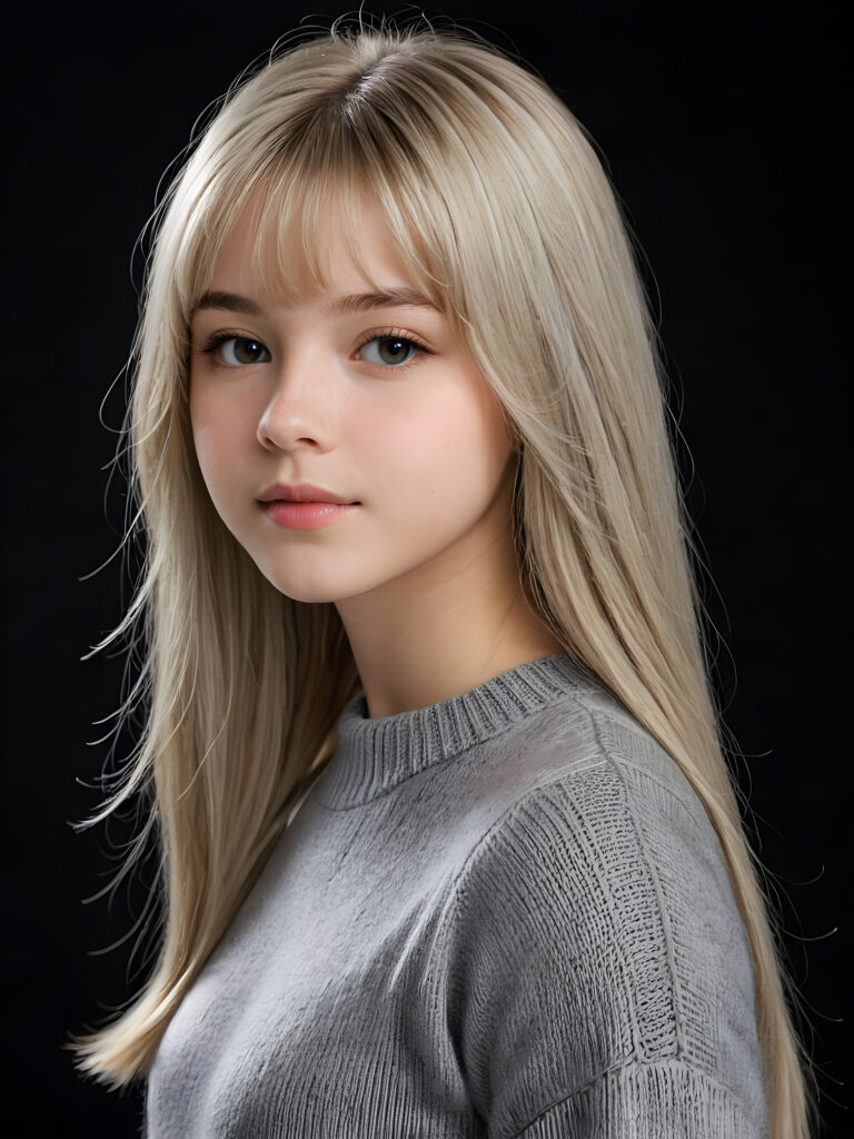 a detailed an realistic photo from a young teen girl, 13 years old, (((jet platinum-white thick straight long hair)) and bangs), ((wears a fine grey wool sweater)), ((stunning)), ((gorgeous)), ((black background)) ((side view))