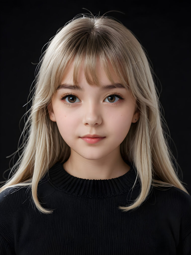 a detailed an realistic photo from a young teen girl, 13 years old, jet white thick straight hair and bangs, grey wool sweater, ((stunning)), ((gorgeous)), ((black background))