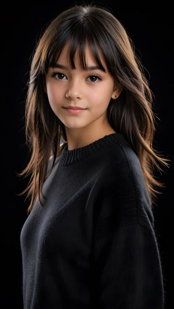 a detailed an realistic photo from a young tanned teen girl, 13 years old, jet raven black thick straight hair and bangs, black wool sweater, ((stunning)), ((gorgeous)), ((black background))