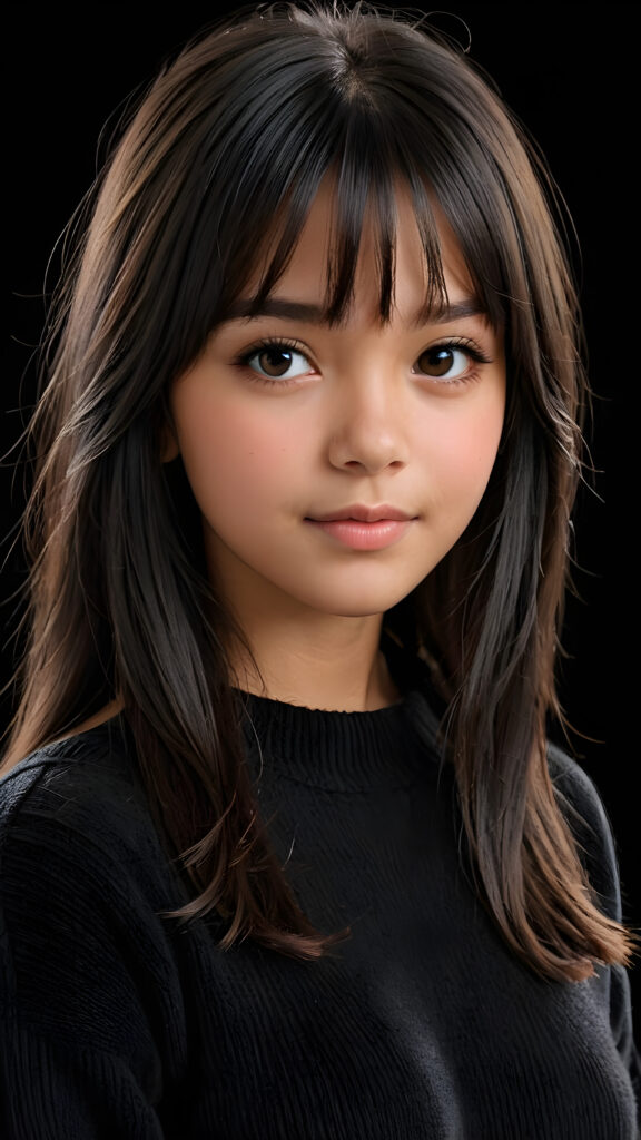 a detailed an realistic photo from a young tanned teen girl, 13 years old, jet raven black thick straight hair and bangs, black wool sweater, ((stunning)), ((gorgeous)), ((black background))